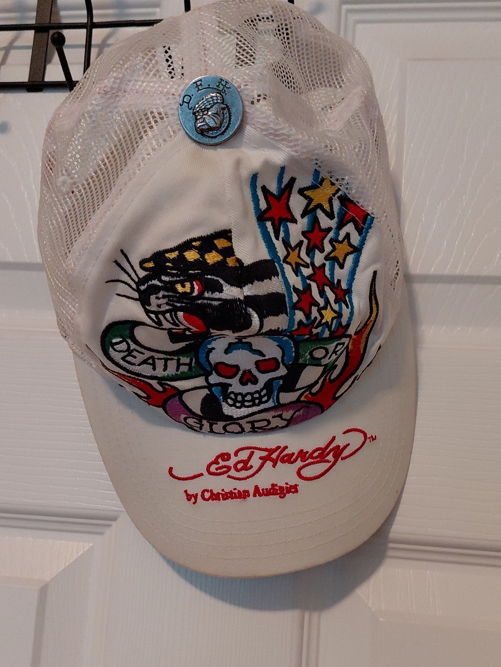 Ed Hardy White Mesh Trucker Hat with Colorful Graphic
